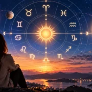 Mulher observa uma composição astrológica com os 12 signos, Sol, Lua e planetas sobre uma paisagem ao entardecer.