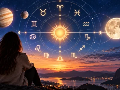 Mulher observa uma composição astrológica com os 12 signos, Sol, Lua e planetas sobre uma paisagem ao entardecer.