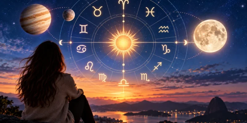 Mulher observa uma composição astrológica com os 12 signos, Sol, Lua e planetas sobre uma paisagem ao entardecer.