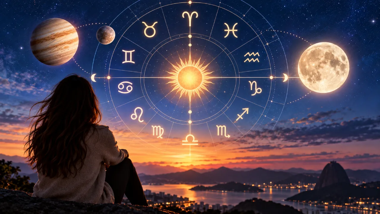 Mulher observa uma composição astrológica com os 12 signos, Sol, Lua e planetas sobre uma paisagem ao entardecer.