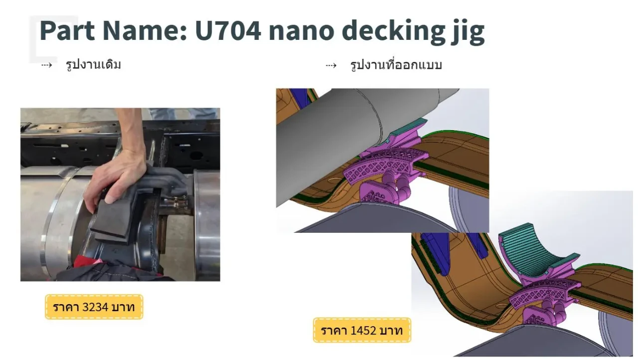 Comparação entre gabarito usado na linha de montagem e modelo CAD do Nano Decking Jig. Comparação entre gabarito usado na linha de montagem e modelo CAD do Nano Decking Jig.