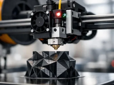 Bico de impressora 3D deposita filamento preto