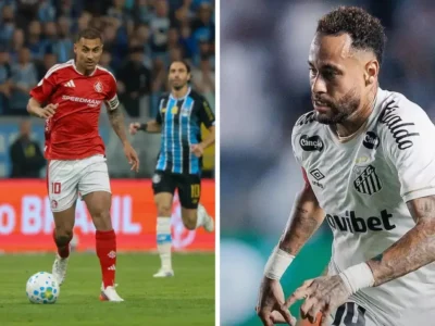 Jogadores de Internacional e Santos antes do confronto direto pela 26ª rodada do Brasileirão