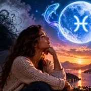 Mulher entre representações de ansiedade e intuição observa Lua em Peixes sobre paisagem ao entardecer.