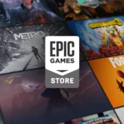 Logo da Epic Games Store sobre mosaico com capas e imagens de jogos.