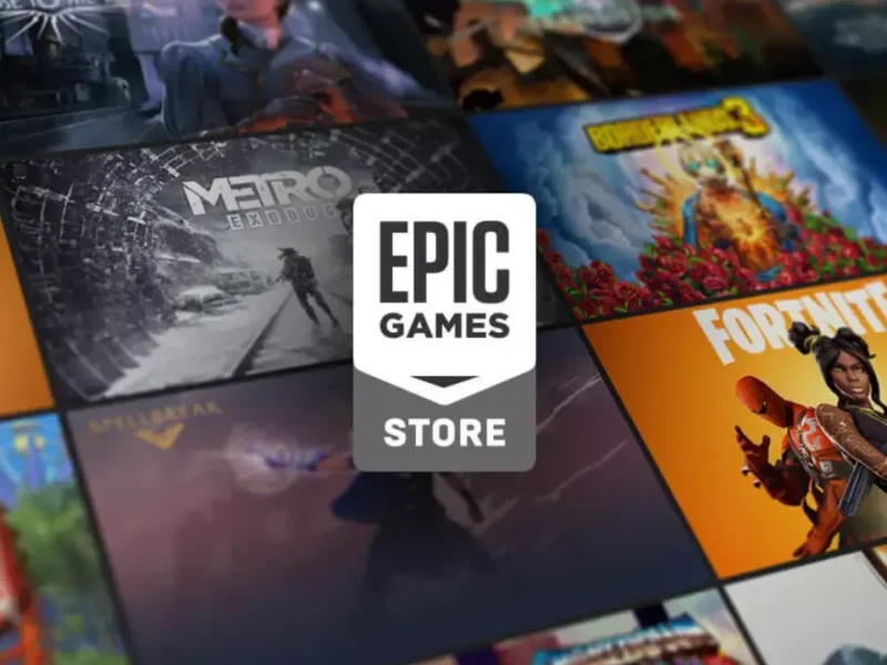 Logo da Epic Games Store sobre mosaico com capas e imagens de jogos.