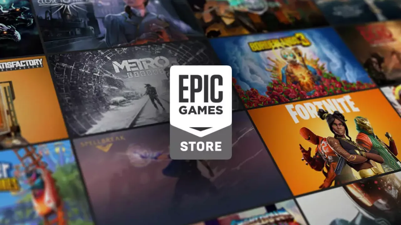 Logo da Epic Games Store sobre mosaico com capas e imagens de jogos. Logo da Epic Games Store sobre mosaico com capas e imagens de jogos.