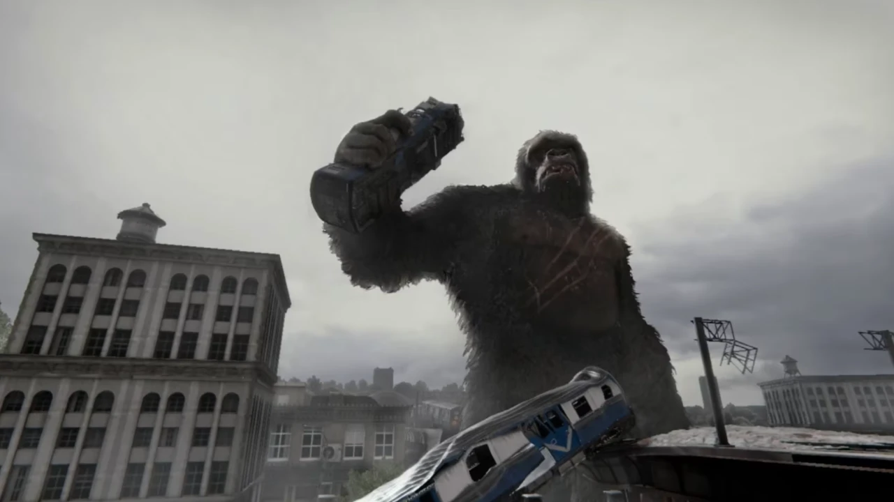 Kong aparece diante de uma cidade destruída em Kong Survivor Instinct
