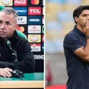 Gustavo Álvarez, técnico da LDU, e Abel Ferreira, treinador do Palmeiras, antes da decisão pela Libertadores