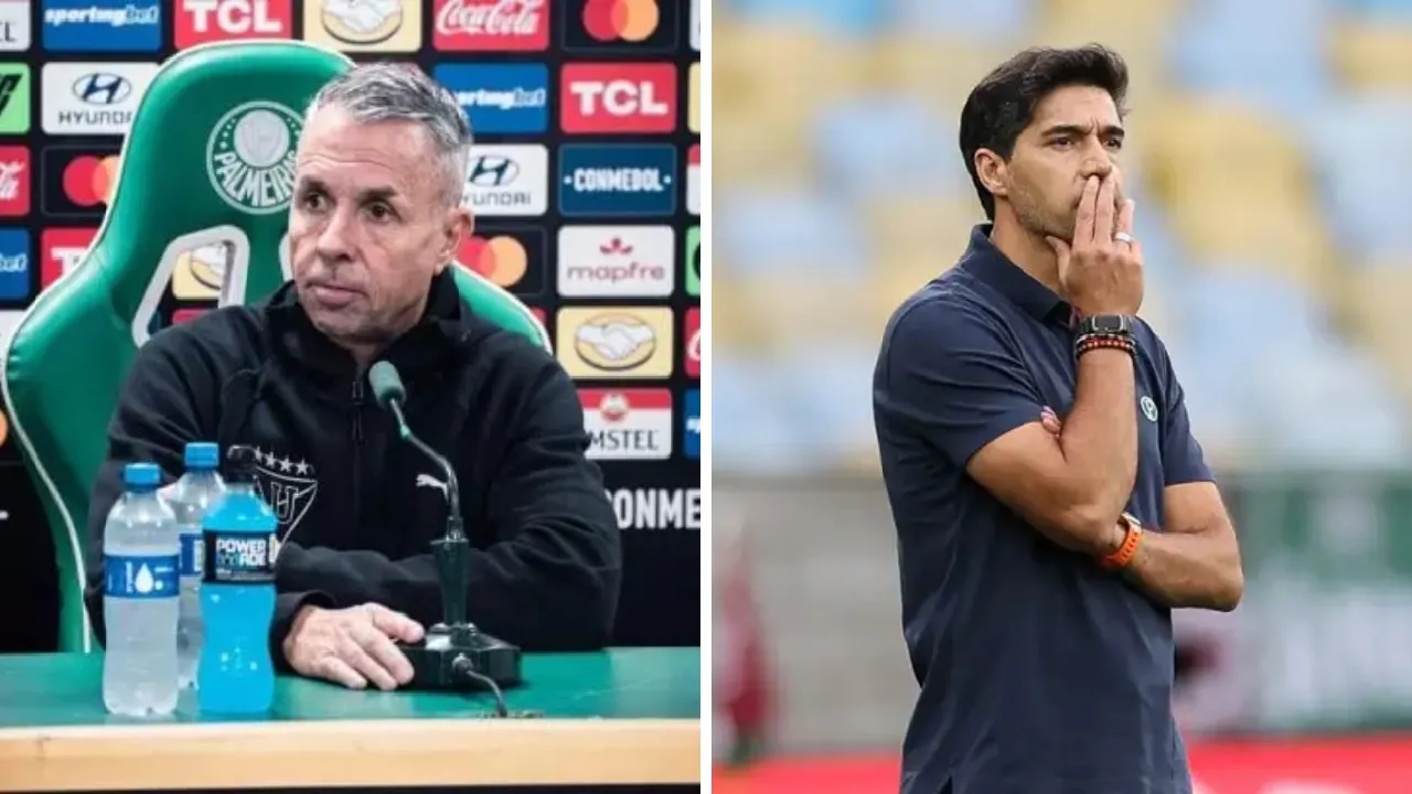 Gustavo Álvarez, técnico da LDU, e Abel Ferreira, treinador do Palmeiras, antes da decisão pela Libertadores Gustavo Álvarez, técnico da LDU, e Abel Ferreira, treinador do Palmeiras, antes da decisão pela Libertadores
