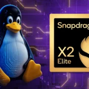Mascote Tux do Linux ao lado do chip Snapdragon X2 Elite.