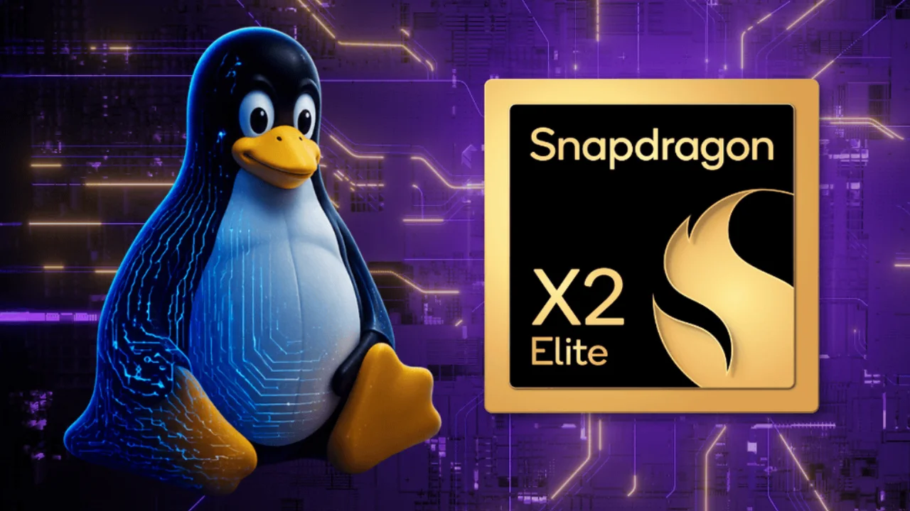 Mascote Tux do Linux ao lado do chip Snapdragon X2 Elite. Mascote Tux do Linux ao lado do chip Snapdragon X2 Elite.