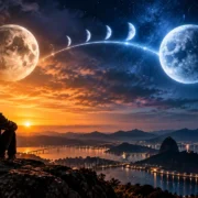 Mulher observa a transição da Lua de Capricórnio para Aquário sobre uma paisagem urbana ao entardecer.
