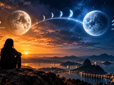 Mulher observa a transição da Lua de Capricórnio para Aquário sobre uma paisagem urbana ao entardecer.
