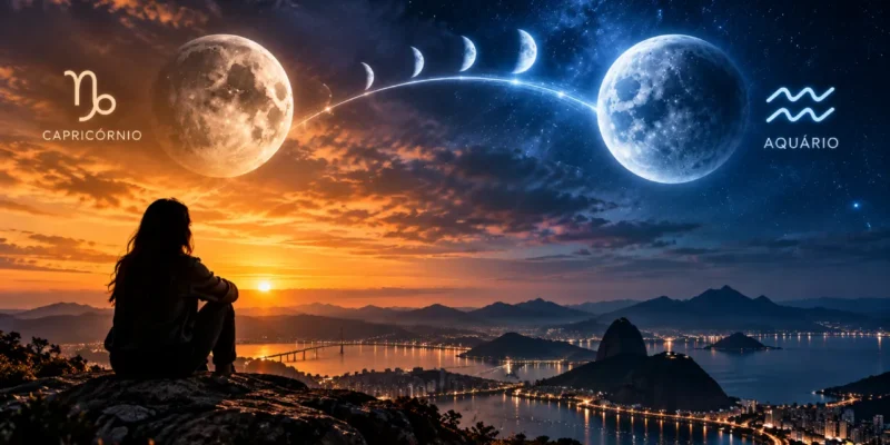 Mulher observa a transição da Lua de Capricórnio para Aquário sobre uma paisagem urbana ao entardecer.