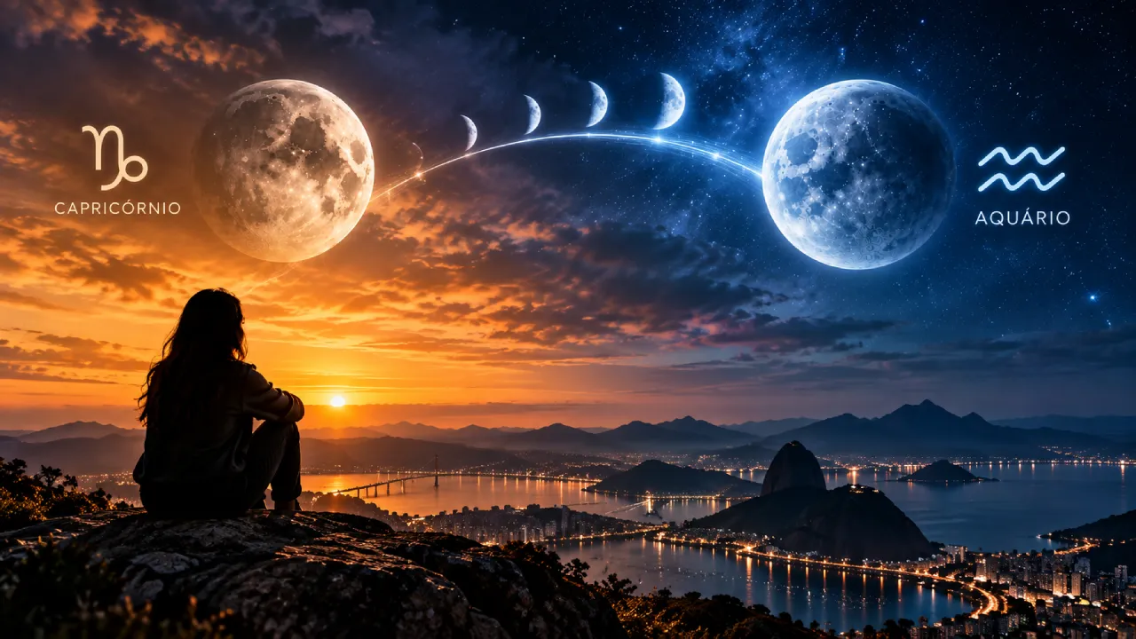 Mulher observa a transição da Lua de Capricórnio para Aquário sobre uma paisagem urbana ao entardecer. Mulher observa a transição da Lua de Capricórnio para Aquário sobre uma paisagem urbana ao entardecer.