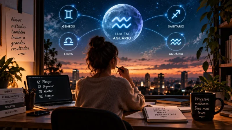 Mulher organiza tarefas diante de um computador, enquanto observa uma grande Lua em Aquário cercada pelos símbolos de Gêmeos, Libra, Sagitário e Aquário.