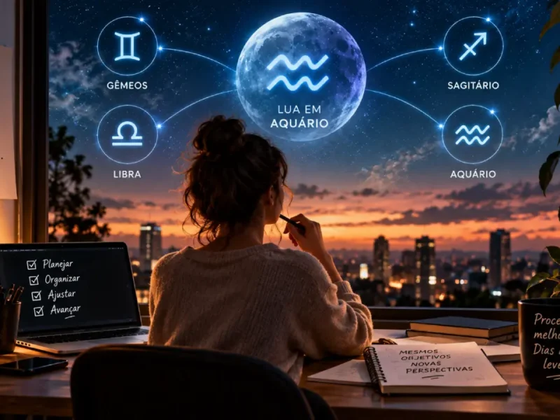 Mulher organiza tarefas diante de um computador, enquanto observa uma grande Lua em Aquário cercada pelos símbolos de Gêmeos, Libra, Sagitário e Aquário.