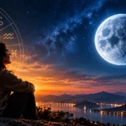 Mulher observa a Lua diante de um céu estrelado, com mapa do zodíaco ao fundo em representação da Lua em Aquário.