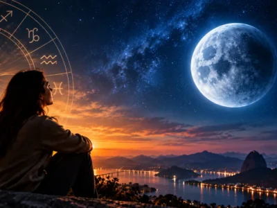 Mulher observa a Lua diante de um céu estrelado, com mapa do zodíaco ao fundo em representação da Lua em Aquário.