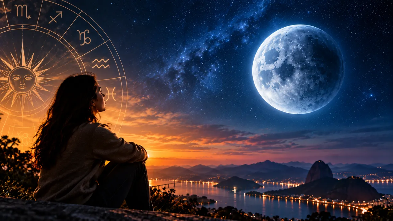 Mulher observa a Lua diante de um céu estrelado, com mapa do zodíaco ao fundo em representação da Lua em Aquário. Mulher observa a Lua diante de um céu estrelado, com mapa do zodíaco ao fundo em representação da Lua em Aquário.
