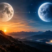 Lua deixa Capricórnio e entra em Aquário, representada pela transição entre uma paisagem iluminada e um céu azul estrelado.