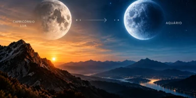 Lua deixa Capricórnio e entra em Aquário, representada pela transição entre uma paisagem iluminada e um céu azul estrelado.