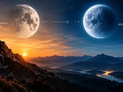 Lua deixa Capricórnio e entra em Aquário, representada pela transição entre uma paisagem iluminada e um céu azul estrelado.