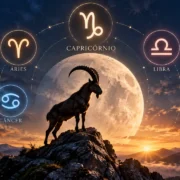 Lua em Capricórnio com Áries, Câncer e Libra representados ao redor do zodíaco, diante de uma paisagem montanhosa.