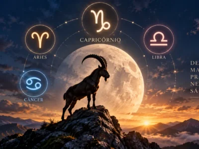 Lua em Capricórnio com Áries, Câncer e Libra representados ao redor do zodíaco, diante de uma paisagem montanhosa.
