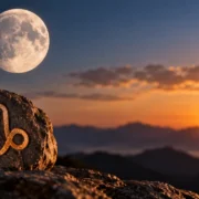 Símbolo de Capricórnio gravado em uma rocha, com a Lua e uma paisagem montanhosa ao fundo.