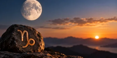 Símbolo de Capricórnio gravado em uma rocha, com a Lua e uma paisagem montanhosa ao fundo.