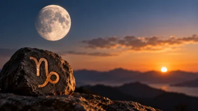 Símbolo de Capricórnio gravado em uma rocha, com a Lua e uma paisagem montanhosa ao fundo.