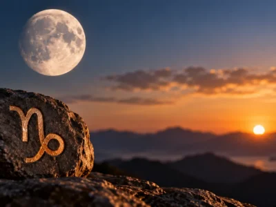 Símbolo de Capricórnio gravado em uma rocha, com a Lua e uma paisagem montanhosa ao fundo.