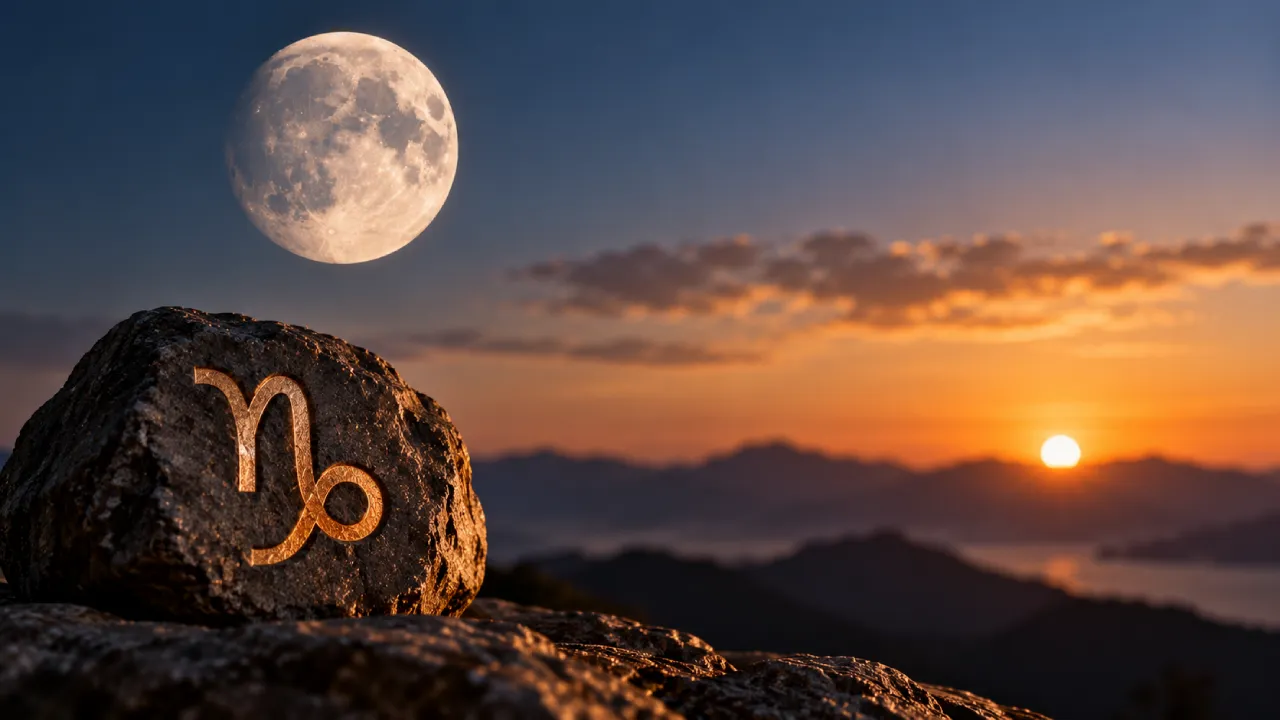 Símbolo de Capricórnio gravado em uma rocha, com a Lua e uma paisagem montanhosa ao fundo. Símbolo de Capricórnio gravado em uma rocha, com a Lua e uma paisagem montanhosa ao fundo.