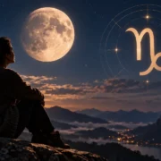 Mulher observa a Lua diante de uma paisagem montanhosa, com o símbolo de Capricórnio representado no céu.