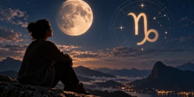 Mulher observa a Lua diante de uma paisagem montanhosa, com o símbolo de Capricórnio representado no céu.