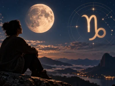Mulher observa a Lua diante de uma paisagem montanhosa, com o símbolo de Capricórnio representado no céu.