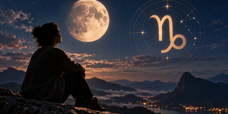 Mulher observa a Lua diante de uma paisagem montanhosa, com o símbolo de Capricórnio representado no céu.