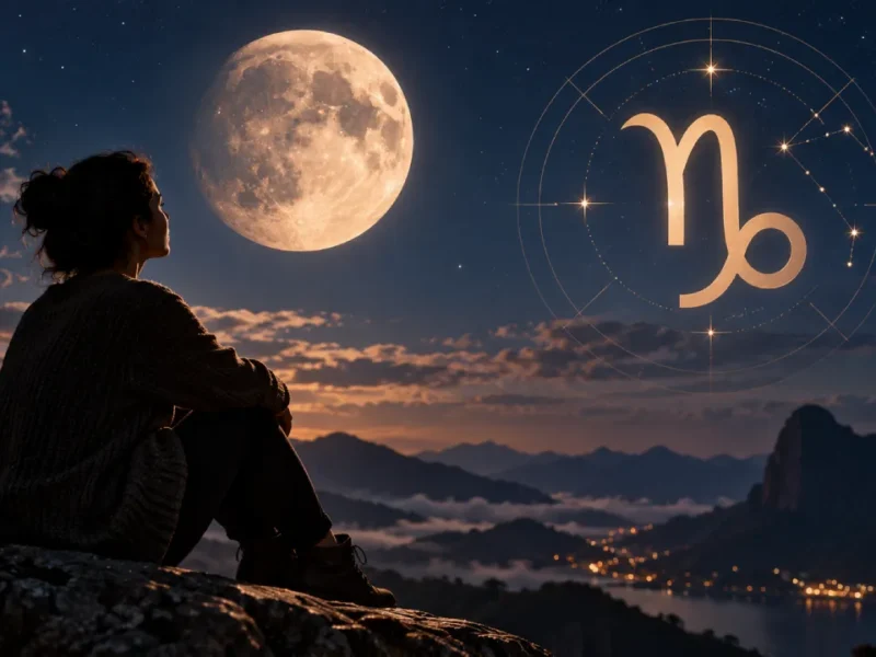 Mulher observa a Lua diante de uma paisagem montanhosa, com o símbolo de Capricórnio representado no céu.