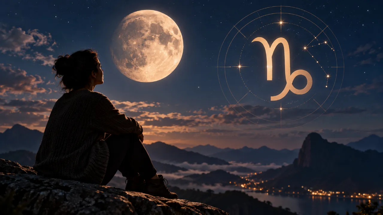 Mulher observa a Lua diante de uma paisagem montanhosa, com o símbolo de Capricórnio representado no céu. Mulher observa a Lua diante de uma paisagem montanhosa, com o símbolo de Capricórnio representado no céu.