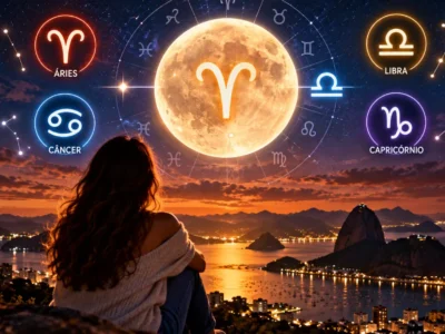 Mulher observa Lua Cheia em Áries sobre paisagem do Rio de Janeiro, com símbolos de Áries, Câncer, Libra e Capricórnio.