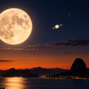 Lua Cheia e Saturno aparecem próximos no céu sobre a Baía de Guanabara.