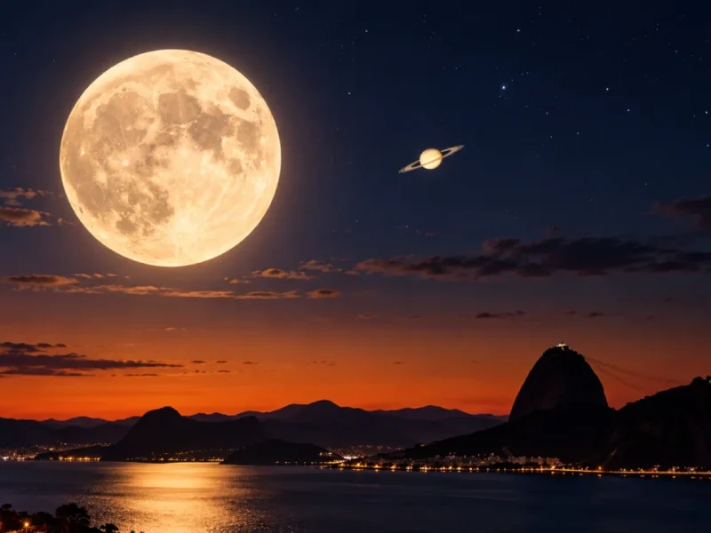 Lua Cheia e Saturno aparecem próximos no céu sobre a Baía de Guanabara.