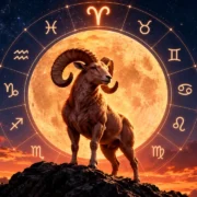 Carneiro de Áries diante da Lua Cheia e do círculo com os 12 signos do zodíaco.