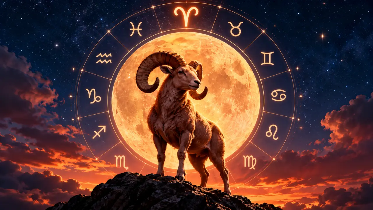 Carneiro de Áries diante da Lua Cheia e do círculo com os 12 signos do zodíaco.