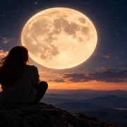 Mulher observa a Lua Cheia no céu noturno durante momento de reflexão.