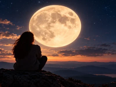 Mulher observa a Lua Cheia no céu noturno durante momento de reflexão.