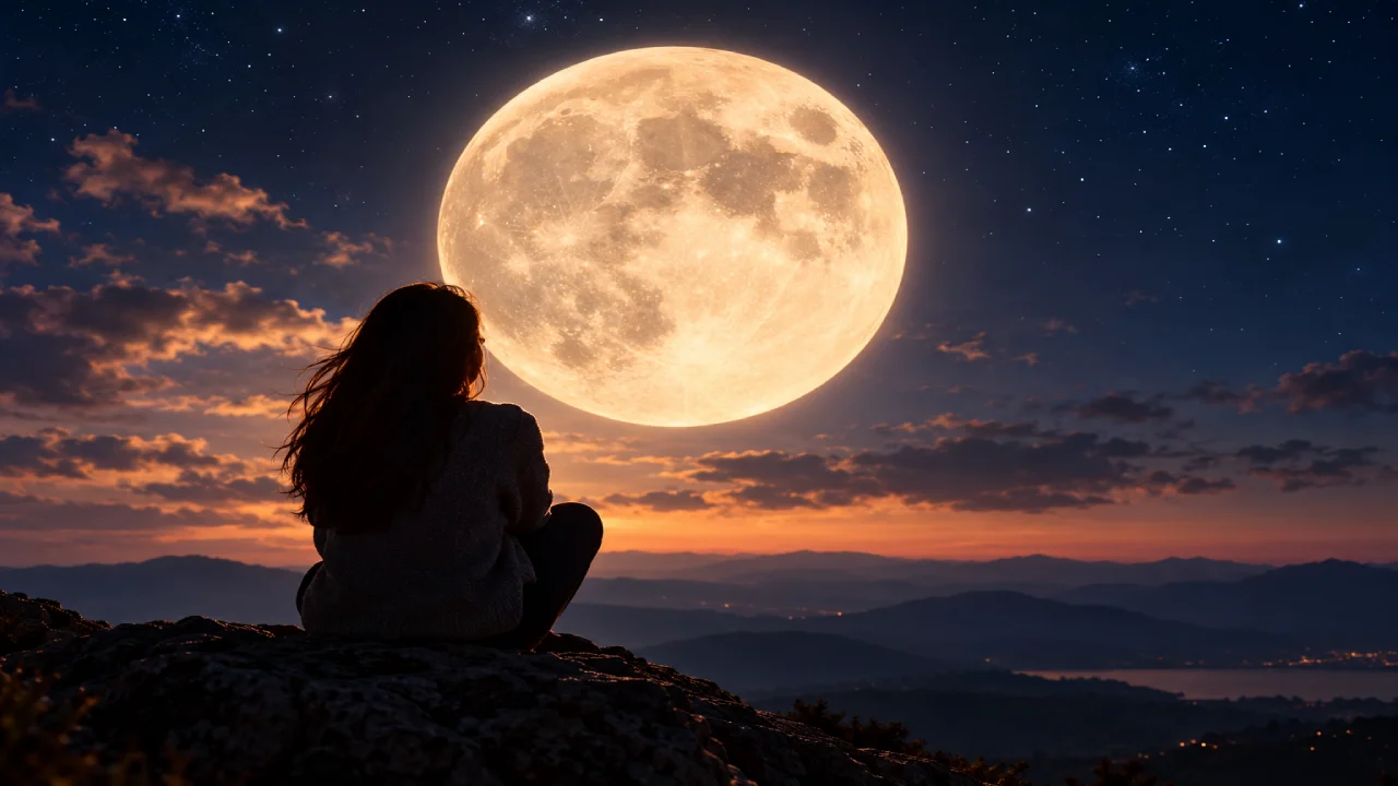 Mulher observa a Lua Cheia no céu noturno durante momento de reflexão.