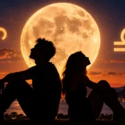 Casal sob a Lua Cheia com símbolos de Áries e Libra representando individualidade e relacionamento.